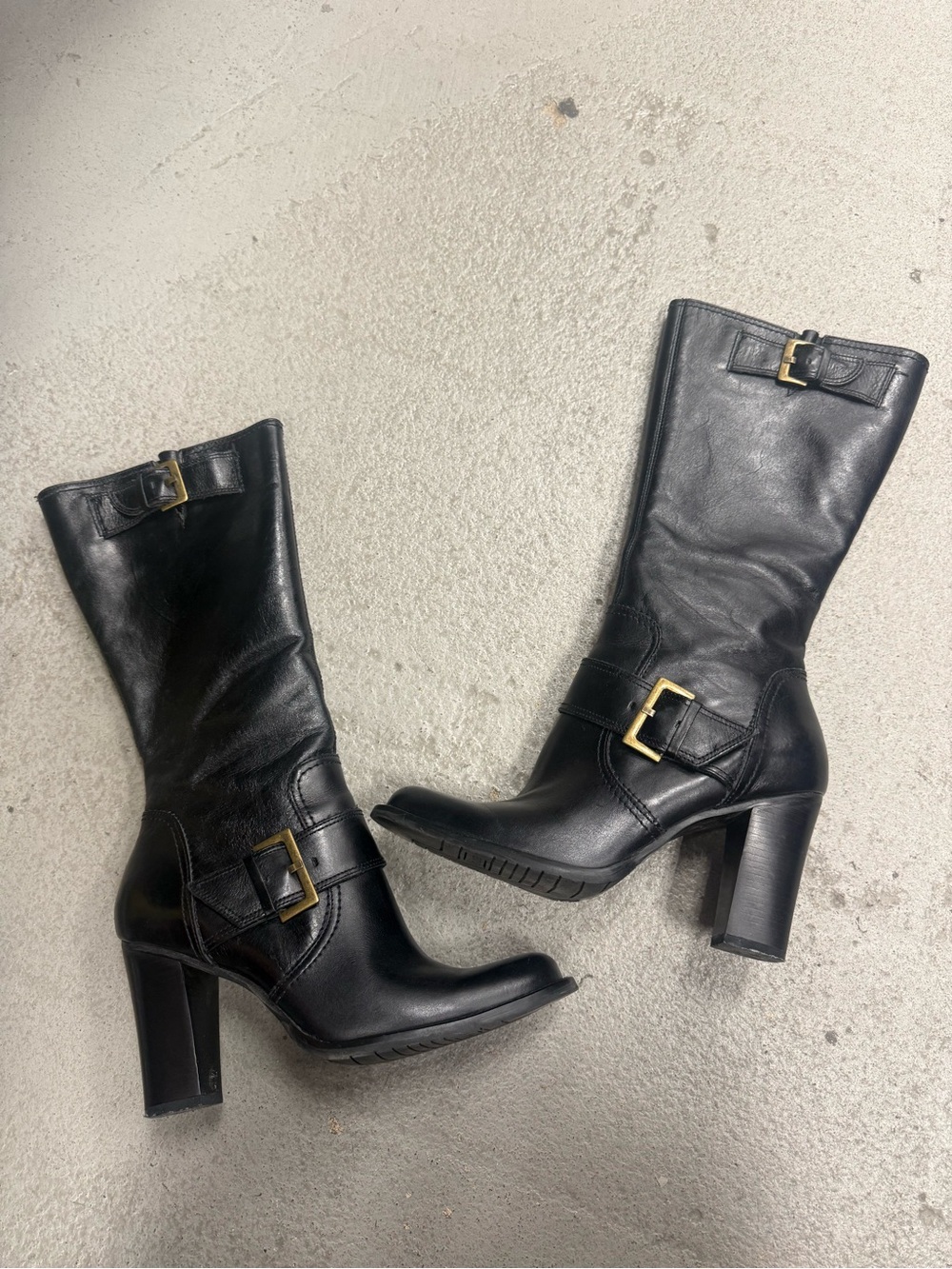 Diba Black Leather Mid-Calf Heeled Boots with Gold Buckles
